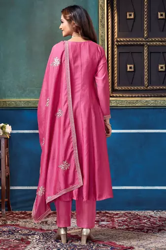 Vichitra silk embroidery & sequins work anarkali kurta pant dupatta set for women 