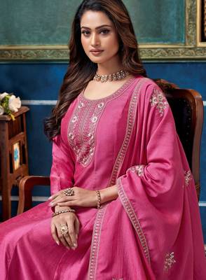 Vichitra silk embroidery & sequins work anarkali kurta pant dupatta set for women  4