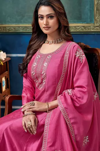 Vichitra silk embroidery & sequins work anarkali kurta pant dupatta set for women 