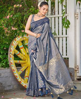 Women steel grey silk blend banarasi jacquard woven saree with blouse 1
