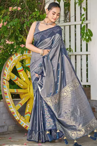 Women steel grey silk blend banarasi jacquard woven saree with blouse