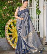 Women steel grey silk blend banarasi jacquard woven saree with blouse