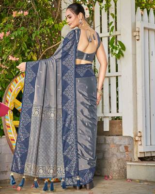 Women steel grey silk blend banarasi jacquard woven saree with blouse 2