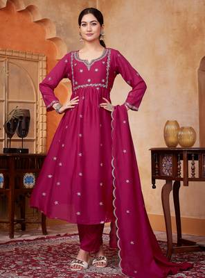 Vichitra silk embroidery & sequins work anarkali kurta pant dupatta set for women  1