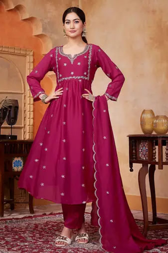 Vichitra silk embroidery & sequins work anarkali kurta pant dupatta set for women 