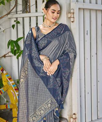 Women steel grey silk blend banarasi jacquard woven saree with blouse 3