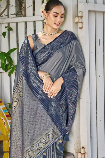 Women steel grey silk blend banarasi jacquard woven saree with blouse