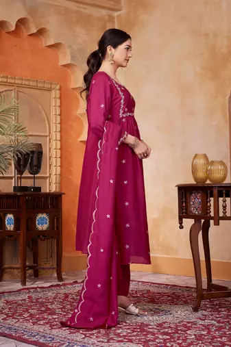 Vichitra silk embroidery & sequins work anarkali kurta pant dupatta set for women 