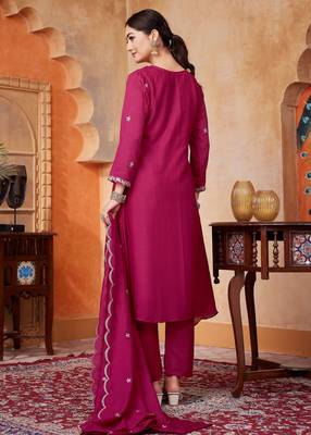 Vichitra silk embroidery & sequins work anarkali kurta pant dupatta set for women  3