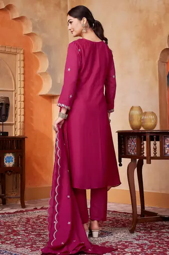 Vichitra silk embroidery & sequins work anarkali kurta pant dupatta set for women 