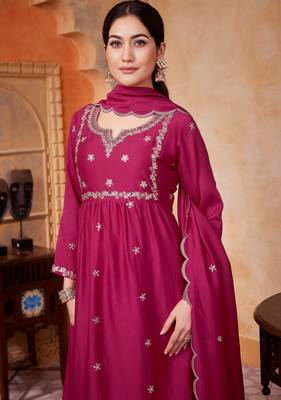 Vichitra silk embroidery & sequins work anarkali kurta pant dupatta set for women  4