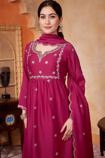 Vichitra silk embroidery & sequins work anarkali kurta pant dupatta set for women 