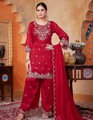 Vichitra silk embroidery & sequins work fancy kurta palazzo dupatta set for women  1