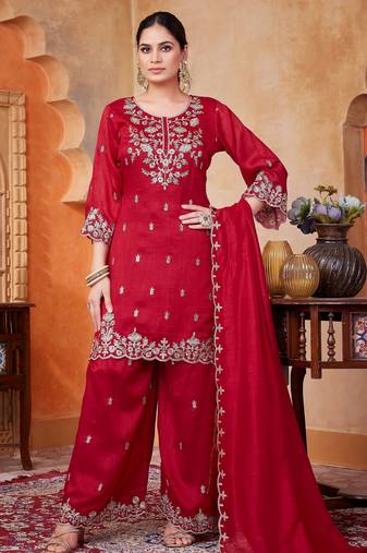 Vichitra silk embroidery & sequins work fancy kurta palazzo dupatta set for women 