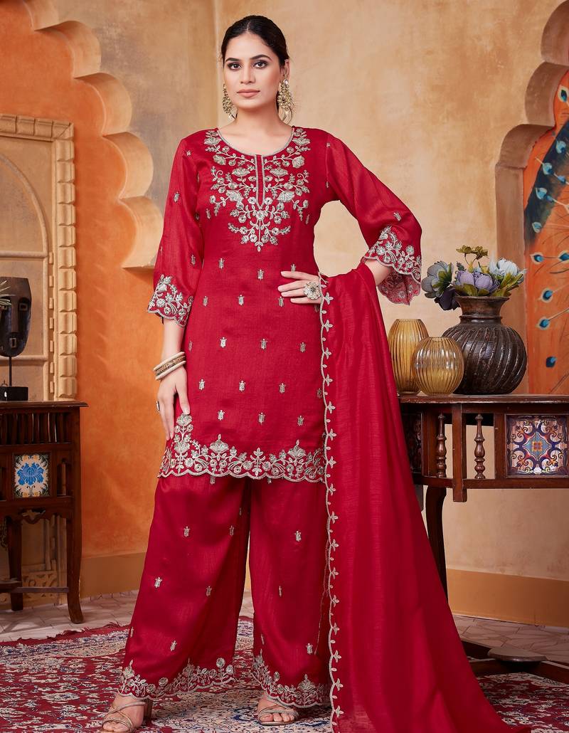Vichitra silk embroidery & sequins work fancy kurta palazzo dupatta set for women 