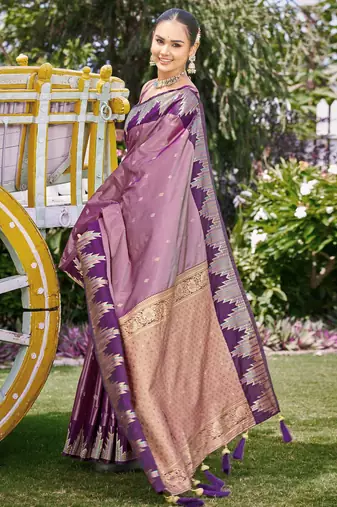 Women dusty mauve silk blend banarasi jacquard woven saree with blouse