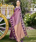 Women dusty mauve silk blend banarasi jacquard woven saree with blouse