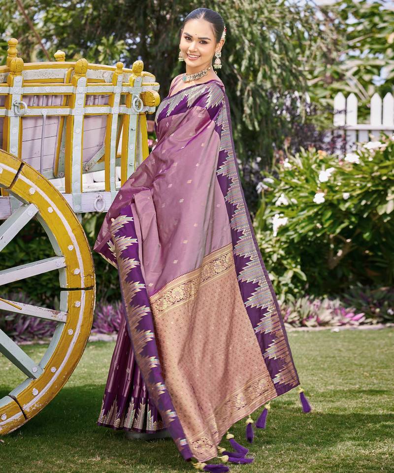 Women dusty mauve silk blend banarasi jacquard woven saree with blouse