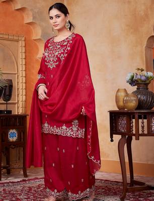 Vichitra silk embroidery & sequins work fancy kurta palazzo dupatta set for women  2