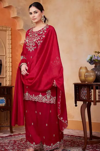 vichitra silk embroidery & sequins work fancy kurta palazzo dupatta set for women 
