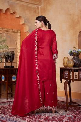 Vichitra silk embroidery & sequins work fancy kurta palazzo dupatta set for women  3