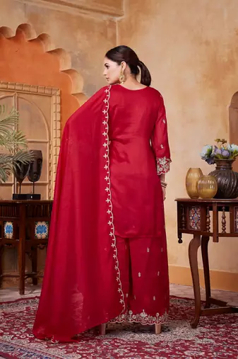 vichitra silk embroidery & sequins work fancy kurta palazzo dupatta set for women 