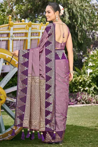 Women dusty mauve silk blend banarasi jacquard woven saree with blouse