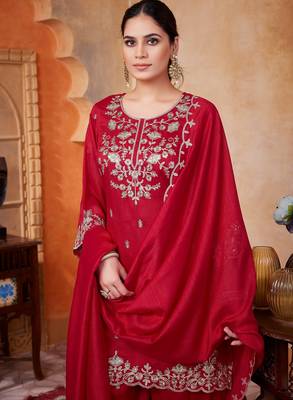 Vichitra silk embroidery & sequins work fancy kurta palazzo dupatta set for women  4