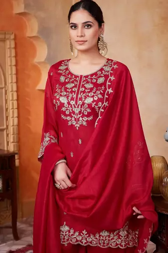 vichitra silk embroidery & sequins work fancy kurta palazzo dupatta set for women 