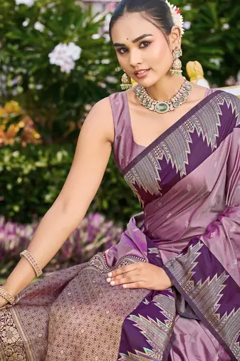 Women dusty mauve silk blend banarasi jacquard woven saree with blouse
