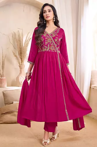 vichitra silk embroidery & sequins work angrakha style stitched kurta pant dupatta set for women