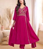 Vichitra silk embroidery & sequins work angrakha style stitched kurta pant dupatta set for women