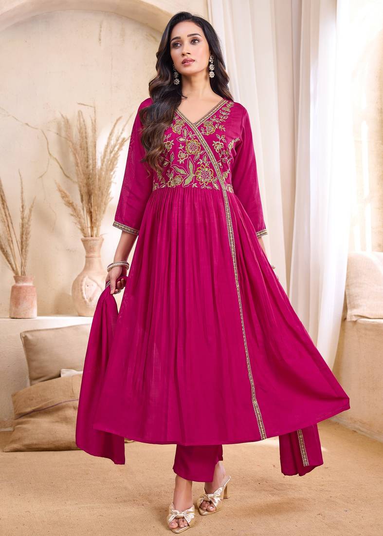 Vichitra silk embroidery & sequins work angrakha style stitched kurta pant dupatta set for women