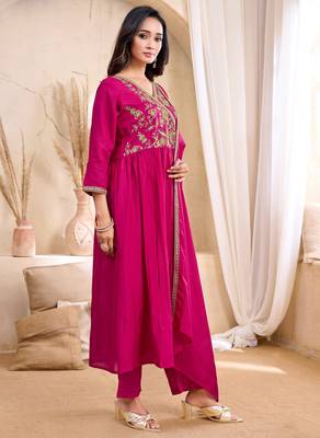 Vichitra silk embroidery & sequins work angrakha style stitched kurta pant dupatta set for women 2