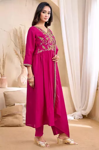 vichitra silk embroidery & sequins work angrakha style stitched kurta pant dupatta set for women