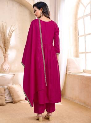 Vichitra silk embroidery & sequins work angrakha style stitched kurta pant dupatta set for women 3