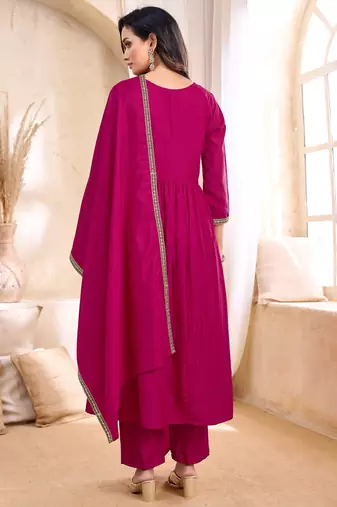 vichitra silk embroidery & sequins work angrakha style stitched kurta pant dupatta set for women