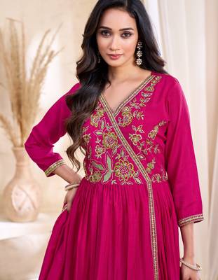 Vichitra silk embroidery & sequins work angrakha style stitched kurta pant dupatta set for women 4