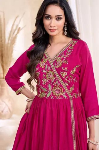 vichitra silk embroidery & sequins work angrakha style stitched kurta pant dupatta set for women