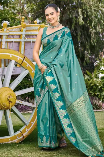 Women sea green silk blend banarasi jacquard woven saree with blouse