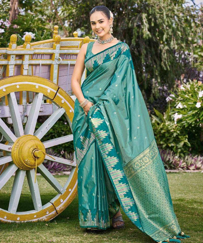 Women sea green silk blend banarasi jacquard woven saree with blouse