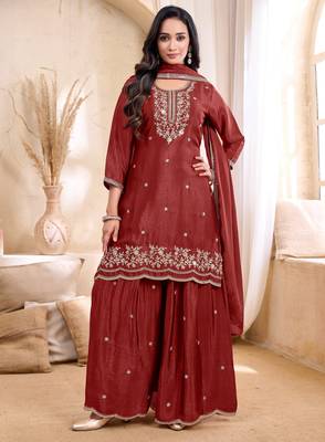 Chinon embroidery & sequins work fancy kurta palazzo dupatta set for women  1