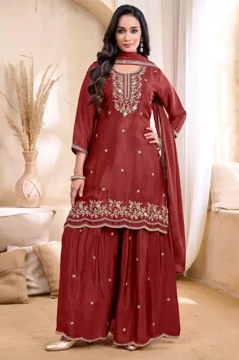 chinon embroidery & sequins work fancy kurta palazzo dupatta set for women 