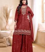 Chinon embroidery & sequins work fancy kurta palazzo dupatta set for women 