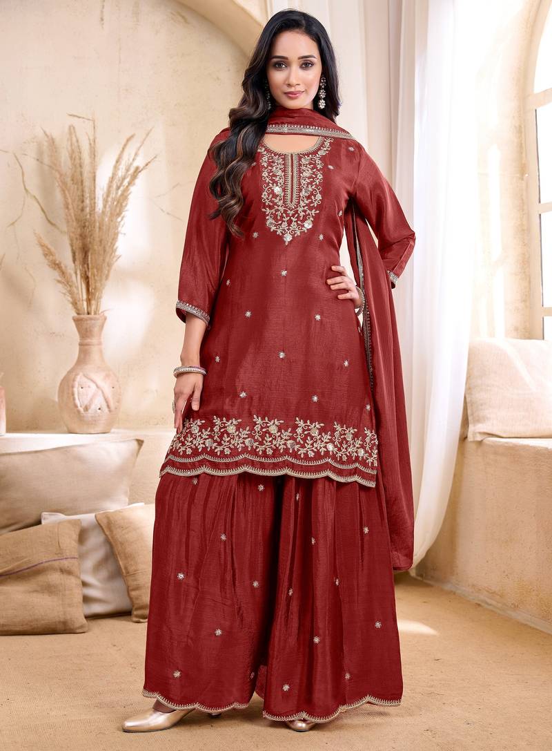 Chinon embroidery & sequins work fancy kurta palazzo dupatta set for women 