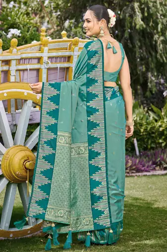 Women sea green silk blend banarasi jacquard woven saree with blouse