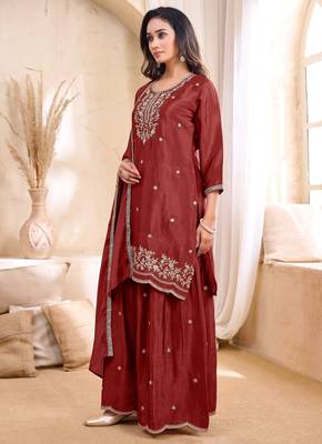 Chinon embroidery & sequins work fancy kurta palazzo dupatta set for women  2