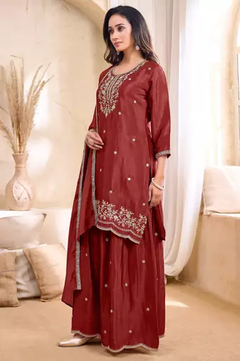 chinon embroidery & sequins work fancy kurta palazzo dupatta set for women 
