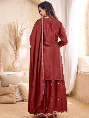 Chinon embroidery & sequins work fancy kurta palazzo dupatta set for women  3