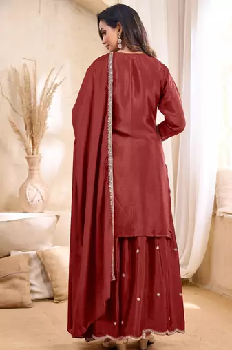 chinon embroidery & sequins work fancy kurta palazzo dupatta set for women 